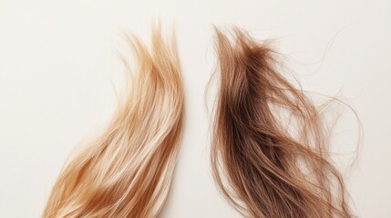 Fototapeta premium Comparison of healthy smooth hair strand and brittle damaged hair for understanding hair health. Generative AI