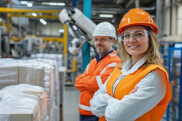 Confident Female Engineer with Male Colleague in Factory