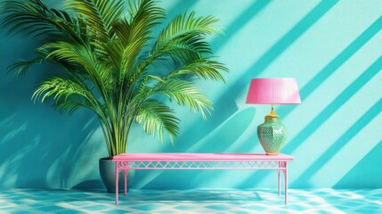 pink table lamp and palm plant in teal room
