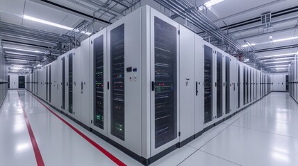 Naklejka premium Server room, data center, aisle, network, technology, infrastructure, IT, racks, cables, maintenance