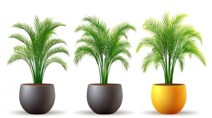 Obraz premium Three potted palm plants display vibrant green foliage