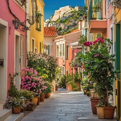 Naklejka premium Charming Greek Island Street with Colorful Buildings and Lush Flowers