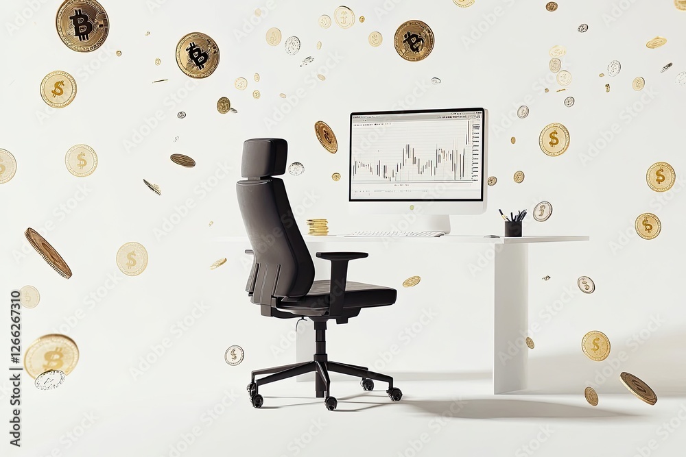 Poster empty modern office workspace with cryptocurrency coins falling, computer showing market graph