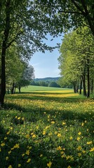 Spring meadow, sunlit field, trees, hills, nature, landscape, tranquil scene, idyllic pastoral vista, wallpaper