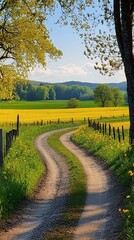 Winding country road through yellow rapeseed field, idyllic spring landscape, scenic background, perfect for travel brochures