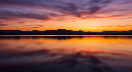 Naklejka premium Calm Lake Reflecting Colorful Sunset Sky with Mountains in Background