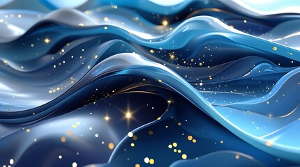 Stylized abstract visualization of smooth undulating blue waves with golden light reflections, creating a fluid, modern, and futuristic aesthetic with depth and elegance


