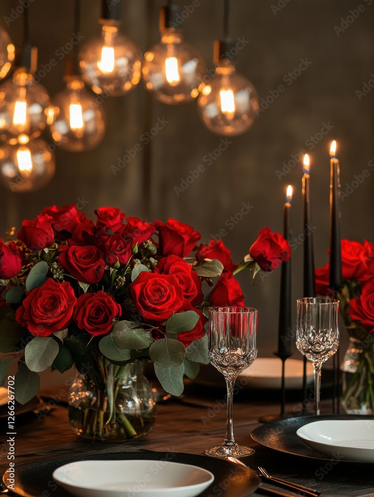 Poster elegant dining setup with roses and candles in an ambient setting for a romantic evening celebration