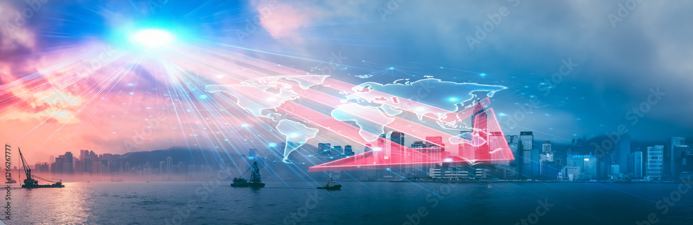 Poster hong kong cityscape with double exposure creates an ethereal view. light rays shine over the skyline