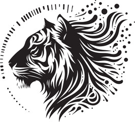 Stylized tiger head profile in black and white.