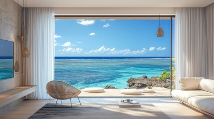 Fototapeta premium Modern Coastal Living Room with Ocean View