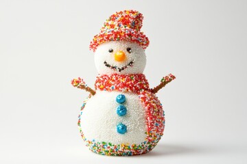Adorable snowman covered in colorful sprinkles wearing a hat and scarf