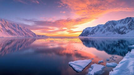 Arctic sunset, fjord reflection, snow mountains, ice floes, calm waters, travel poster
