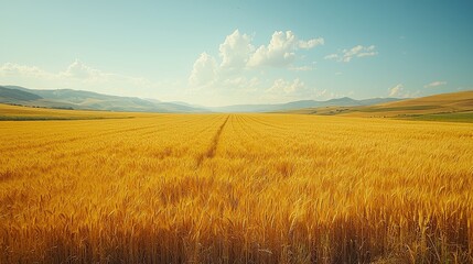 Fototapeta premium Golden wheat field under a blue sky with fluffy clouds, showcasing agricultural beauty and tranquility
