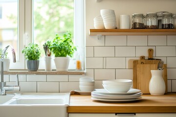 Bright kitchen with white dishes and herbs
