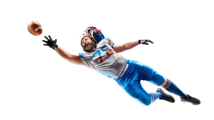 American football player catches the ball in the air. Sport emotion. Falls and tries to reach the ball. Sportsman in action. American football. Isolated