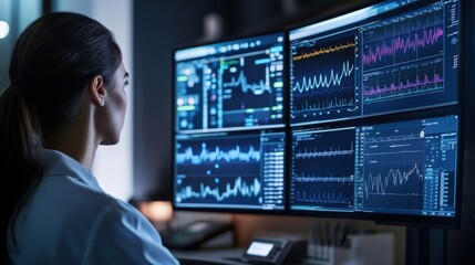 Young female doctor is working late at night and analyzing ekg data on multiple computer screens, monitoring patients' vital signs in a modern hospital control room