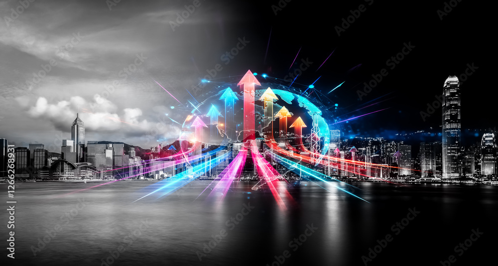 Poster hong kong cityscape with double exposure concept showing arrows growing upwards from the urban skyli
