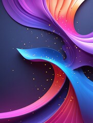 Abstract digital artwork featuring flowing, layered waves in vibrant purple, blue, and pink hues, illuminated by soft golden light, creating a futuristic and dynamic visual composition

