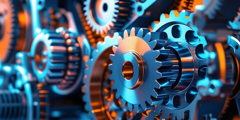 Close-up view of interconnected steel gears in an advanced mechanical system, representing industry, engineering, precision machinery, and automation in modern manufacturing environments

