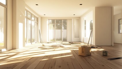 Empty sunlit room under construction
