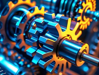 High-tech industrial gears in synchronized motion, illuminated by futuristic lighting, emphasizing mechanical efficiency, manufacturing processes, and modern engineering advancements

