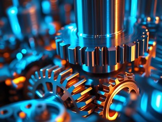 High-tech industrial gears in synchronized motion, illuminated by futuristic lighting, emphasizing mechanical efficiency, manufacturing processes, and modern engineering advancements

