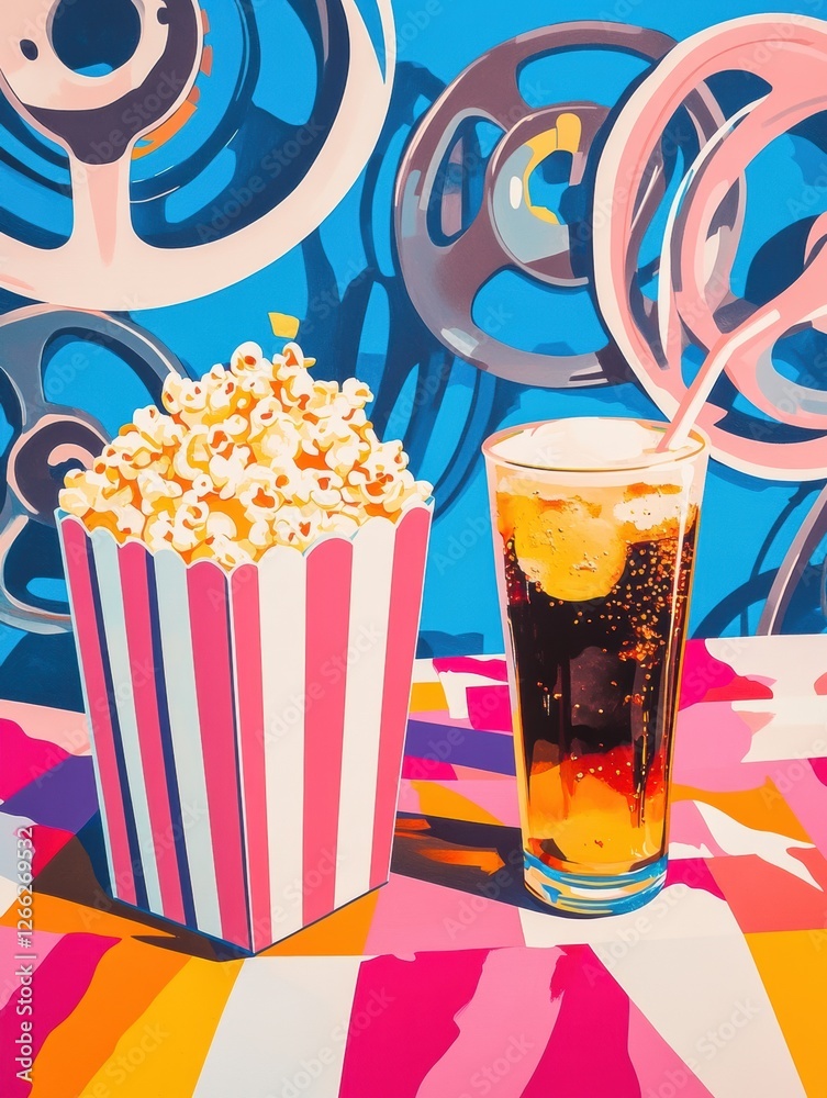 Poster Enjoying a colorful snack of popcorn and cola at a vibrant movie themed setting. Generative AI