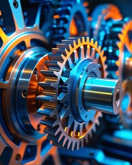 Macro shot of interwoven mechanical gears, reflecting detailed craftsmanship in an industrial setting with dramatic lighting, symbolizing innovation, mechanics, and automation

