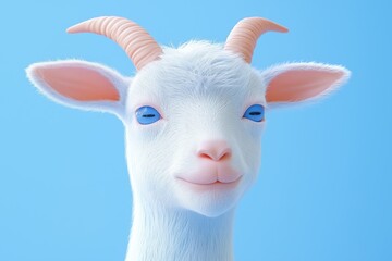 A cute, cartoonish goat with large blue eyes and soft white fur, set against a light blue background. The goat has small pink ears and prominent curved horns, giving it a friendly appearance.