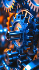 Macro shot of interwoven mechanical gears, reflecting detailed craftsmanship in an industrial setting with dramatic lighting, symbolizing innovation, mechanics, and automation

