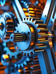 Intricate close-up of interlocking metal gears in a mechanical system, illuminated by blue and orange lighting, showcasing industrial precision, engineering, and technology in motion

