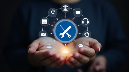 Business technology solutions for global support, service management,Technical support and customer service concept,Digital icon representing technical support, customer service.