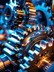 Intricate close-up of interlocking metal gears in a mechanical system, illuminated by blue and orange lighting, showcasing industrial precision, engineering, and technology in motion


