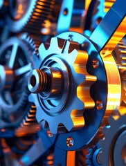 Intricate close-up of interlocking metal gears in a mechanical system, illuminated by blue and orange lighting, showcasing industrial precision, engineering, and technology in motion

