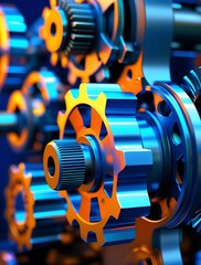 Intricate close-up of interlocking metal gears in a mechanical system, illuminated by blue and orange lighting, showcasing industrial precision, engineering, and technology in motion

