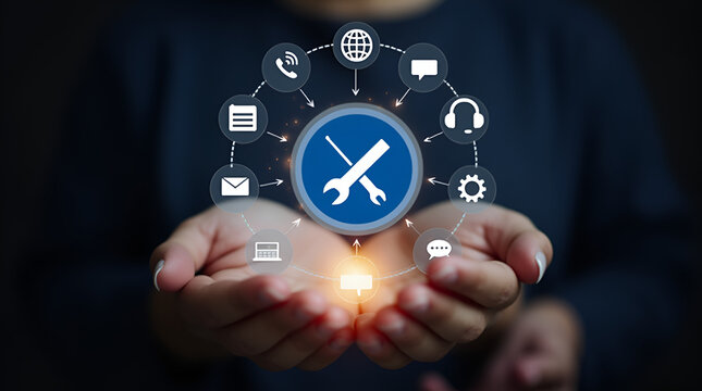 Business technology solutions for global support, service management,Technical support and customer service concept,Digital icon representing technical support, customer service.