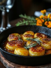 Gourmet Potato Fondant with Rosemary in Cast Iron Pan, Golden Brown Crust and Savory Sauce, Served with Wine and Flowers on Rustic Wood Table