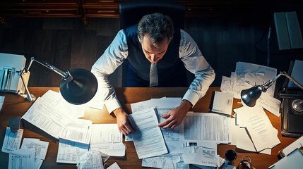 Businessman Reviews Documents Late At Night In His Office