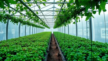 Lush green plants growing row in modern agricultural greenhouse, sustainability, technology, green
