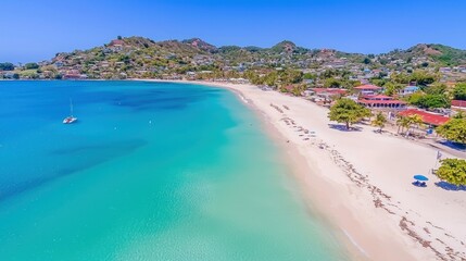 Fototapeta premium Caribbean Beach Aerial View, Sunny Day, Vacation Destination, Townscape Background