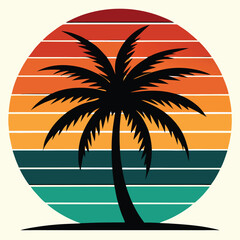 "Retro Palm Tree Silhouette with Sunset Stripes  Vintage Aesthetic Art"