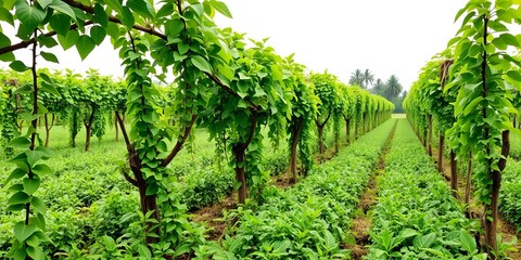 Lush tropical vanilla plantations with thriving green vines and plants, green, tropical, vanilla
