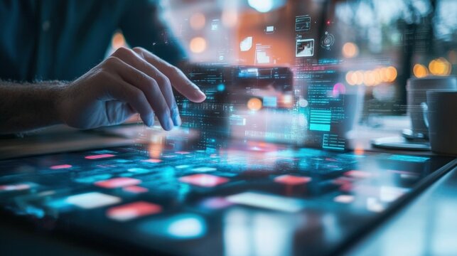 Closeup of a digital screen displaying vibrant clips from the days shoot with the directors hand hovering over the touch interface. The surrounding workspace is cluttered with coffee