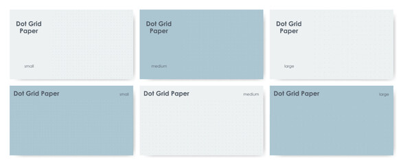 Set of 16:9 dot grid notebook paper with title spaces, includes 3 grid size variations. Muted pastel blue colors.