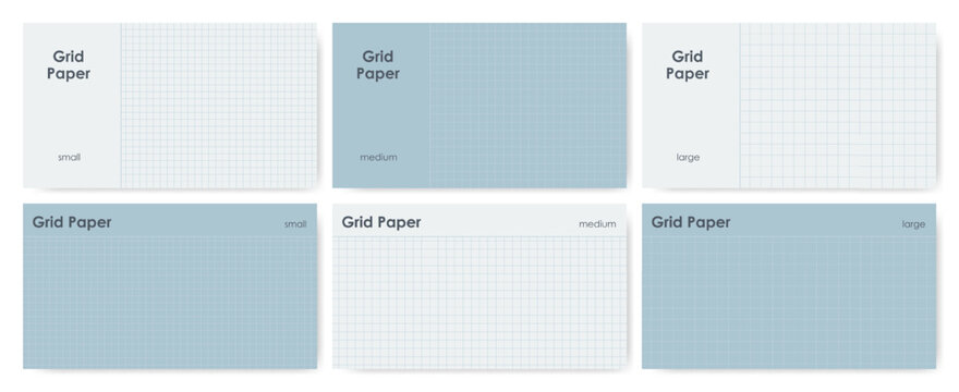 Set of 16:9 grid notebook paper with title spaces, includes 3 grid size variations. Muted pastel blue colors.