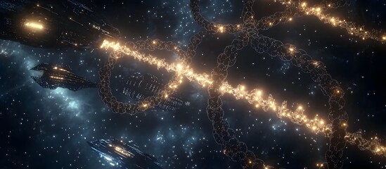 Space ships entangled by glowing chains in deep space