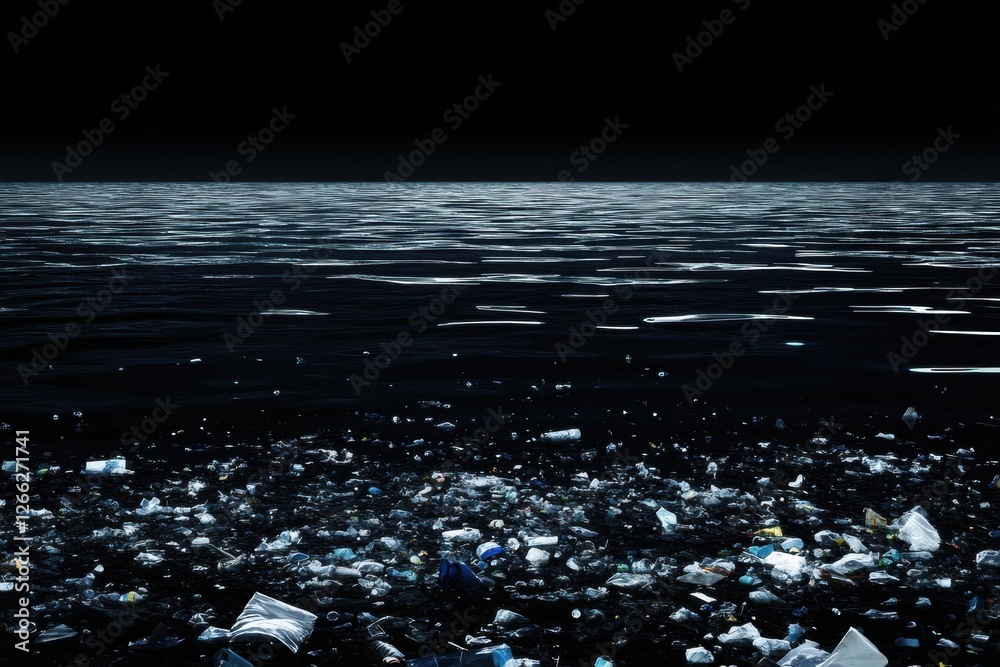 Poster Ocean surface dominated by floating plastic waste with empty space for impactful message on marine pollution. Generative AI