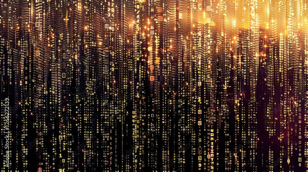 Poster digital abstract background featuring cascading binary code and glowing lights, creating futuristic 