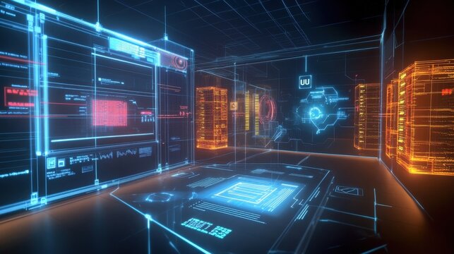 An interactive holographic display of a digital twin monitoring a simulated data center featuring virtual servers firewalls and security protocols actively visualizing data flow and